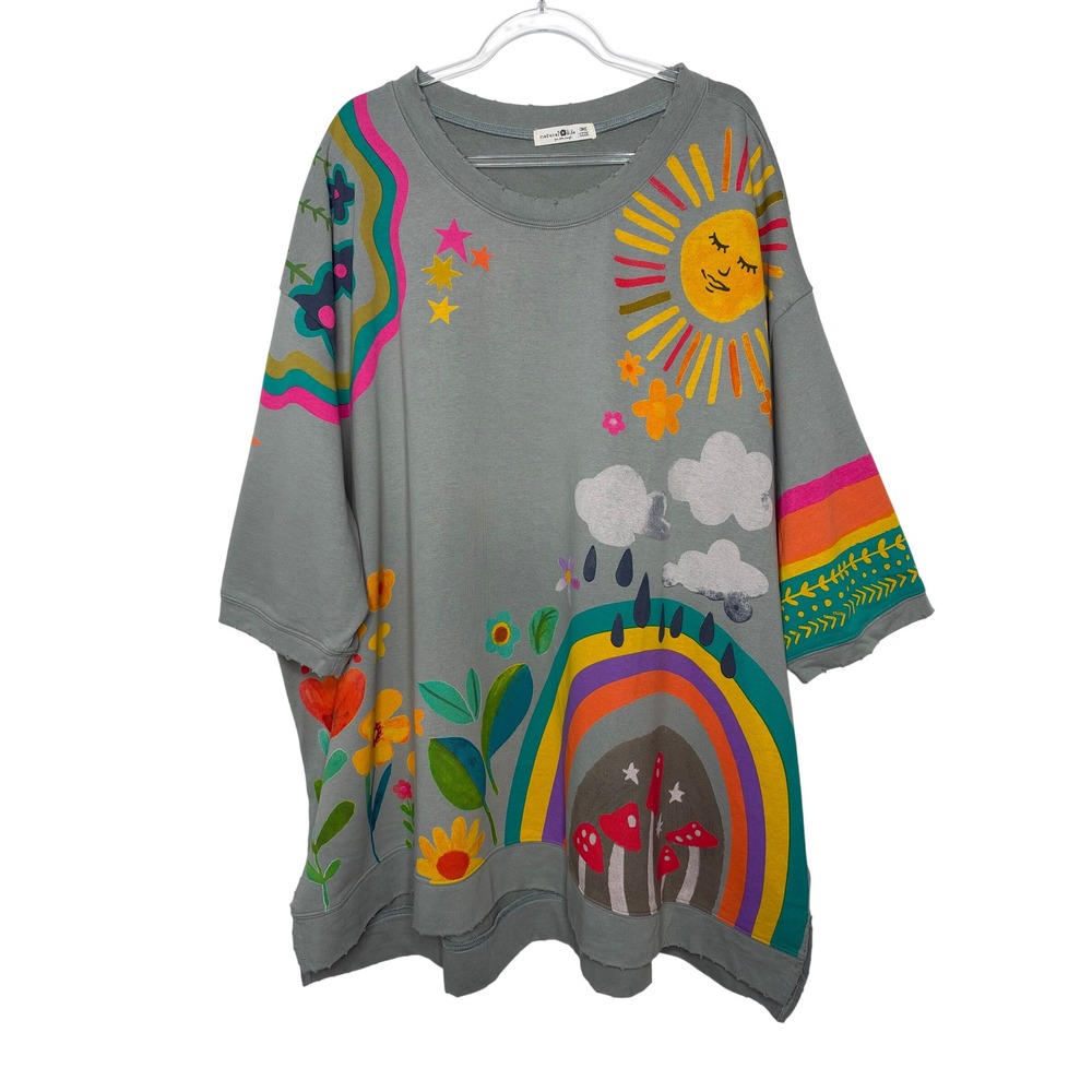 Natural Life Bilie Sweatshirt OS Gray Rainbow Sun Mushroom Graphic Oversized